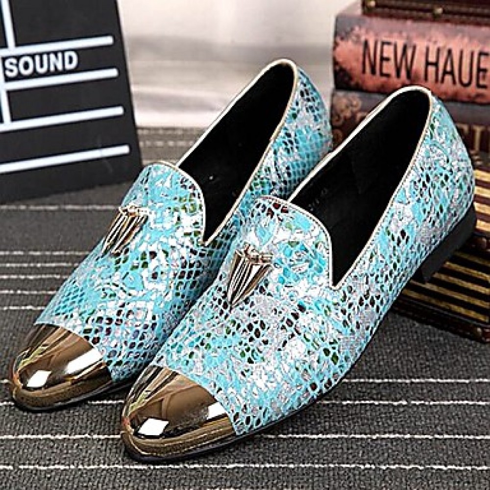   2016 Pure Manual Flash Novelty Wedding/Night Party Cowhide Leather Loafers Light Blue/Navy  