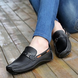 Men's Shoes Leather Casual Boat Shoes Casual Flat Heel Slip-on Black / Blue / Brown  