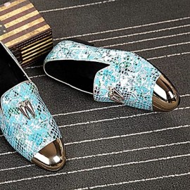   2016 Pure Manual Flash Novelty Wedding/Night Party Cowhide Leather Loafers Light Blue/Navy  